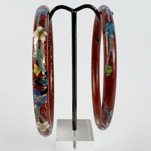 Vintage Chinese Brick Red Cloisonne Enamel Floral Bangles Bracelets